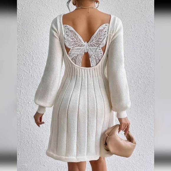 Guipure Lace Butterfly Pattern Lantern Sleeve Sweater Dress - Picture 1 of 5